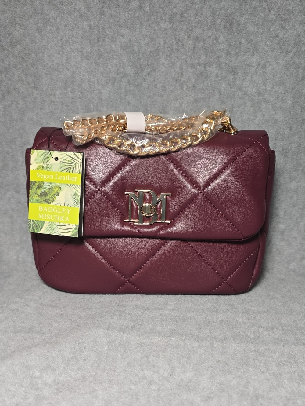 Badgley Mischka Quilted Crossbody Bag in Plum with Gold Chain